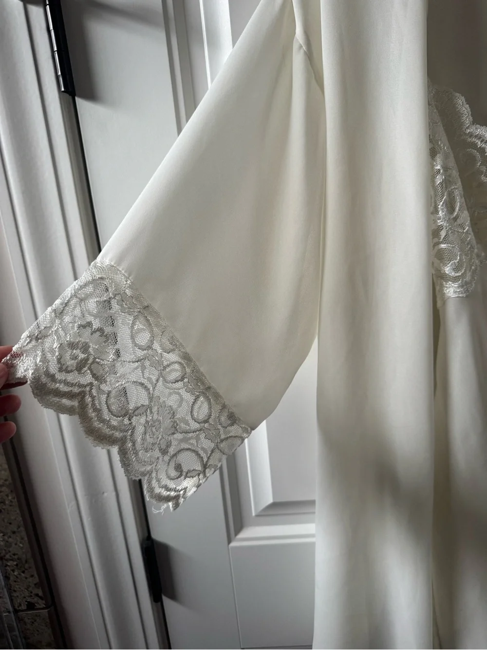 Silk-Feel Ivory Lace Trim Robe and Chemise Set